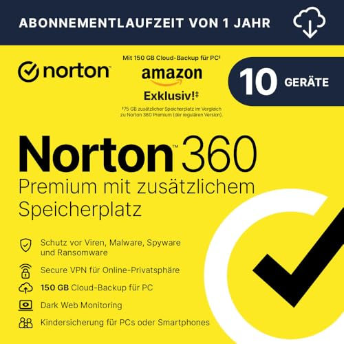 Norton 360 Premium mit extragroßer Backup-Kapazität – Amazon Exklusiv* 75GB zusätzlicher Cloud-Backup Speicher. Antivirus Software für 10 Geräte und einem Jahr Laufzeit