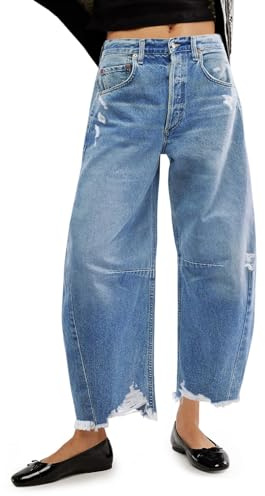 Cicy Bell Damen Baggy Wide Leg Jeans Barrel Hufeisen Boyfriend Cropped Raw Hem Denim Pants, Hell, blau, 38
