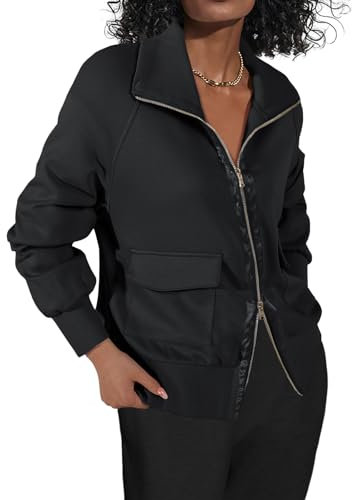 Fisoew Women's Zip up Sweatshirt Collared Neck Long Sleeve Loose Casual Lightweight Jacket with Pockets, Black, Medium