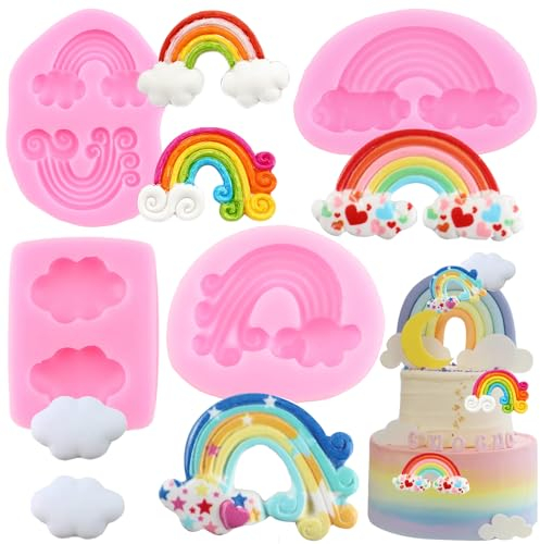 RFGHAC Lot de 4 moules en silicone arc-en-ciel en forme de nuage pour décoration de gâteaux en sucre, cupcakes, bonbons, chocolat, pâte à sucre, pâte polymère