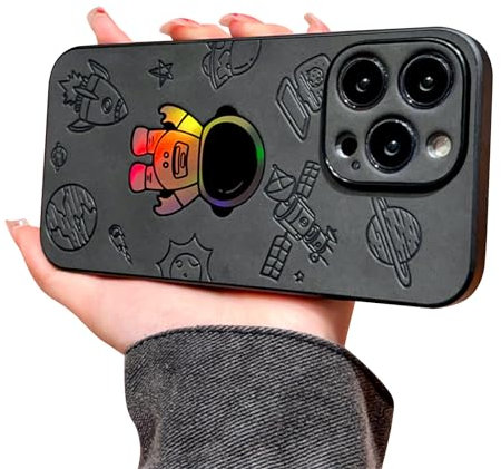 Ownest Compatible with iPhone 13 Pro Max Case with Holographic Laser Shiny Cute Astronaut Pattern Soft Leather for Bumper Lens Protection Case for iPhone 13 Pro Max-Black