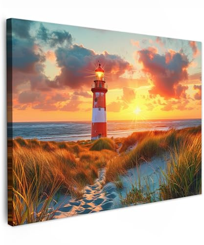 MuchoWow© Bilder Wohnzimmer Deko Modern Wandbild Foto auf Leinwand Bild | 40x30 cm - Schlafzimmer über Bett Room Decor Geschenke Leuchtturm - Sonnenuntergang - Dünen - Horizont