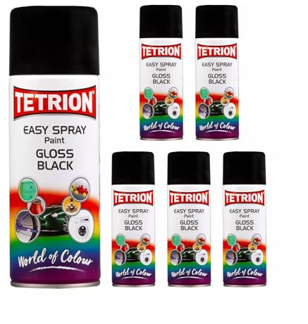 Tetrion Easy Spray Gloss Black Paint 400 ML, Pack of 6 - Multipurpose Quick Drying Acrylic Aerosol for Metal, Wood & Plastic