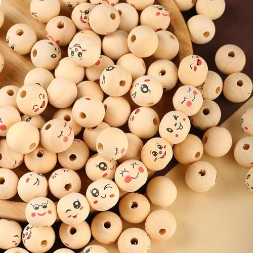 YIEUR 104 Stück Holzperlen mit Gesicht runde, 20mm lose Holz Perlen bedruckt Holzkugeln mit Loch zum auffädeln, 8 style bunte Schmuck Perlen Bastelperlen für Armband Halskette Deko Schmuck Handwerk(B)