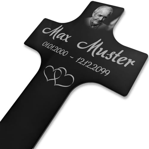 Paule Black Personalisierter Grabstecker Kreuz Grabschmuck mit Foto Gravur - Acrylglas Schwarz Hochglanz 150 x 300 mm - wetterfest für Außenbereich, Mama Papa Oma Opa Steckkreuz