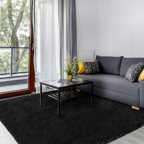 SOANNY Rugs Living Room, Soft Fluffy Shaggy Carpet Black, 160x230cm | Machine Washable, Non Slip, Area Mat, Bedroom Dorm Office Lounge Playroom Nursery Bedside Sofa Kids Room Home Decor Entryway