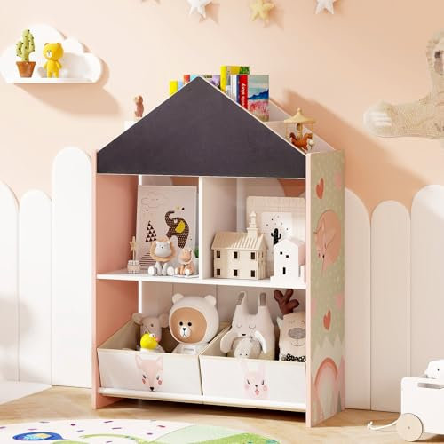 DREAMADE Bibliothèque Enfants en Bois avec Tableau Noir/Blanc,Coffre à Jouets avec 4 Compartiment&2 Tiroirs&Kits Anti-Basculement,Étagère de Rangement Forme de Maison,63x27x90CM (Rose)