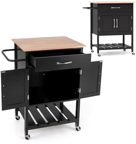 KOMFOTTEU Carro de Cocina con Encimera de Madera de Caucho, Isla de Cocina con Ruedas, Carrito de Servicio con Cajón, Armario con Puertas, Bandeja Inferior, 73 x 48 x 90 cm (Negro)