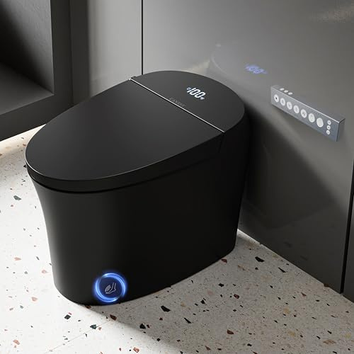CANEST Black Smart Toilet, Tankless Bidet Toilet with Heated Seat, Foot Sensor Operation, Auto Open & Close, Dual Auto Flush, Hot Water, LED Display, Night Light, Wireless Remote Control (TC-200BG)