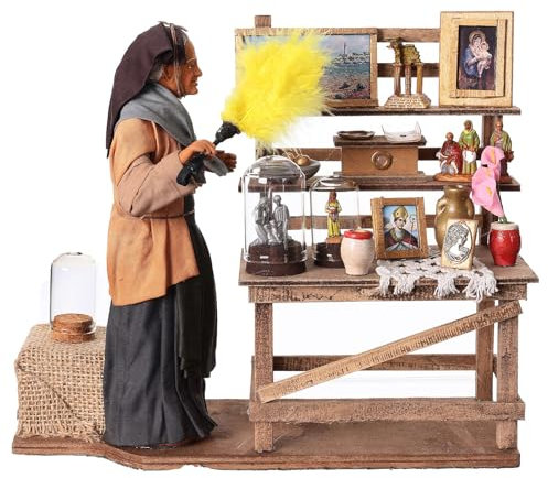 Holyart Alte Frau, die eine Anrichte abstaubt, bewegliche Krippenfigur, für 30 cm Krippe, neapolitanischer Stil