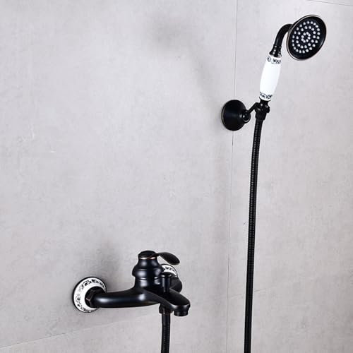 ZYCDP Mitigeur de Douche Retro Mural Robinet de Baignoire avec Douchette, Robinet Douche Laiton 2 Modes Noir Antique