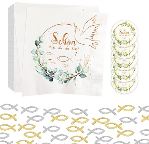 STFYUG 40 Stück Servietten Taufe und 30 Stück Holz Fisch Deko, Servietten Kommunion mit Gold Taube Grün Eukalyptus Kranz Konfetti, für Taufe, Kommunion, Konfirmation Oder Andere Festliche Anlässe