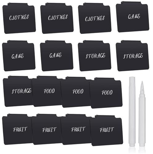 16 Pcs Basket Labels Set, Chalkboard Labels Clip with 2 Pcs Marker Pen, Bins Pantry Organization Removable Small Chalkboard Clips Label Holder(Black)