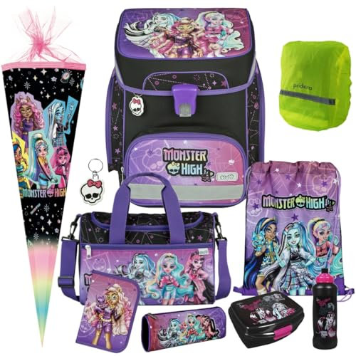 Pridera Scooli Schulranzen Mädchen 1.Klasse EasyFit (10tlg. Set mit Sporttasche Brotdose Trinkflasche Schultüte N, Regenhülle gratis, Monster High)