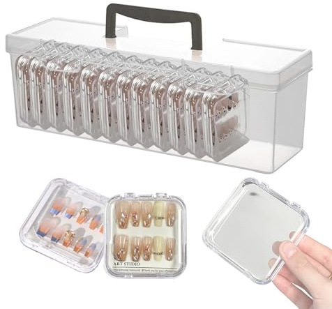 KeaJuidy Tragebox für Press-On-Nägel mit 16 Durchsichtige Aufbewahrungsbox für Nagelspitzen Verpackungsboxen aus Kunststoff mit Doppelseitigem Klebeband