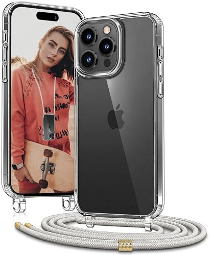 OLEPHY Handykette für iPhone 15 Pro Max Hülle mit Band, [Verstellbarem und Demontage Umhängeband], Transparente Handyhülle mit Kordel zum Umhängen für Wanderungen & Outdoor | Freiheit für Hände, Beige