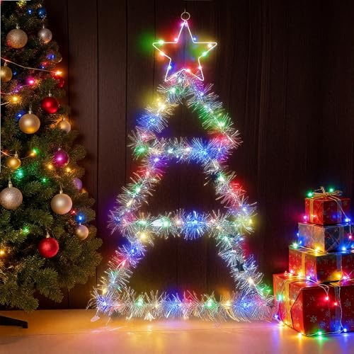 wokdsbl Lichterkette Weihnachtsbaum Leiter LED Batterie – Weihnachtsdeko Fenster mit 8 Modi und Timer, Hängende Weihnachtsbeleuchtung Innen Außen, Lametta Girlande mit Beleuchtung Weihnachtsdeko