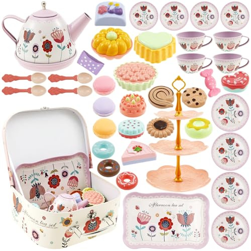 46 Pcs Children's Tea Set, Toddler Toys Tea Party Set, Princess Kids Kitchen Pretend Toy with Desserts BiscuitsTeapot and Carrying Case, Birthday Gift for Girls Kids 3 4 5 6 7 8 Years Old