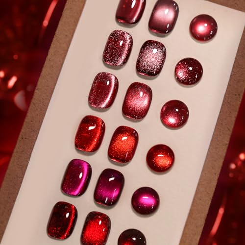 BORN PRETTY Cat Magnetic Eye Gel Nail Polish, 6 Colors Burgundy Red Glitter Series Gel Polish with Magnet Soak Off U V LED Nail DIY Art Home Salon Gifts for Women