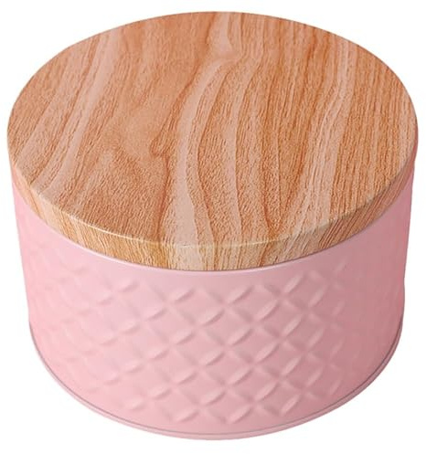 Alipis Bakery Box Lid Pink Iron Snack Storage Cookie Tin | Airtight food container, preserves biscuit freshness, vintage kitchen decoration, pink metal canister, wood grain cover