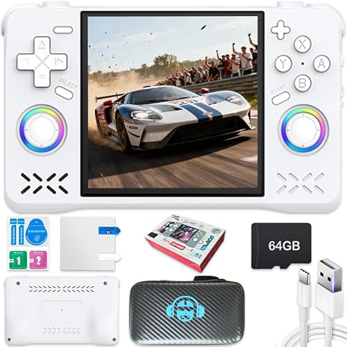 Nuova console di gioco portatile XF40H, 64 GB di memoria interna con 18.000 giochi, batteria da 4000 mAh, sistema Linux, schermo IPS da 4 pollici e custodia (bianco, 64 G)