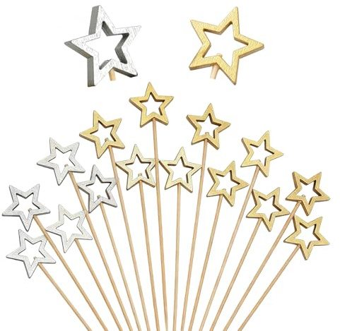 ZMZaoan 100 Unidades Palitos de Cóctel Estrellas Doradas y Plateadas - Brochetas Decorativas de Madera para Cóctel - para Navidad, Ramadán, Eid (Estrella de Cinco Puntas)