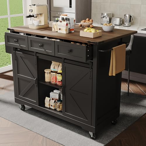 Merax Kücheninsel mit klappbarer Arbeitsplatte, Küchenwagen auf Rollen, Küchenschrank mit Schiebetüren, Servierwagen Holzoptik, mobiler Esstisch ausziehbar, Schwarz, 140x45-73x94 cm
