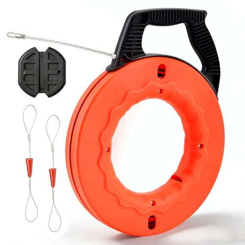 Aiguille Electricien 30m,Φ5mm Tire Fils Electrique,Tire Fil avec PET 5mm et 2 Serre-Câbles,Spirale de Tirage avec Boîtier en Plastique et Poignée,Guide-câble à Rouleaux pour Câbles,Travaux électriques