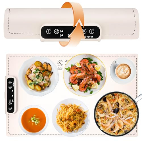 Fancysky Chauffe Plat Electrique, Plaque Chauffante Electrique, Chauffe Assiette Électrique en Silicone, Trois Niveaux de Température, Trois Modes de Temporisation