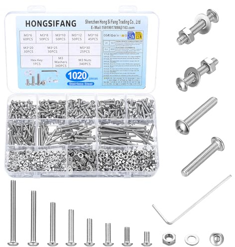 1020 Pcs Set di Vis M3, Vis à Tête Bombée à Six Pans Creux | Vis inox, écrous, Rondelles avec clé hexagonale, idéal pour les réparations bricolage