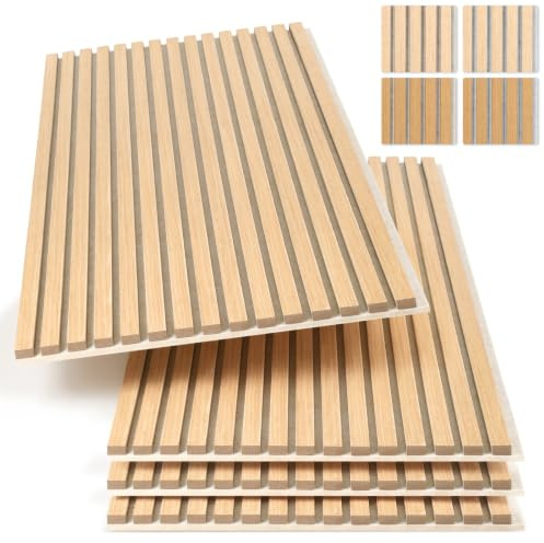 Fiqops Akustikpaneele Holz 120x60 cm, 4er Set, Weißeiche/Beige | 21 mm starke Akustikpaneele Holz mit MDF-Lamellen, 9 mm PET-Filz, für helle Wohnzimmer, Büros Wandverkleidung innen