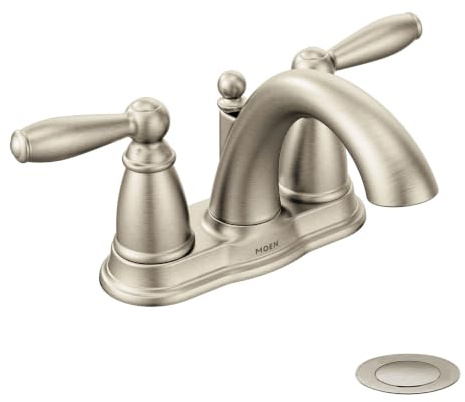 Moen 6610bn Brantford Zweigriff Low Arc Badezimmer Wasserhahn mit Ablaufgarnitur Montage, Nickel gebürstet