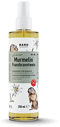 BANO Tiroler Murmelin Franzbranntwein 250ml, Ideal vor und nach Sport, sowie bei Muskelkater, zum Kühlen schwerer Beine, enthält 65% vol. Alkohol, echtes Latschenkieferöl, Menthol und Arnikaextrakt