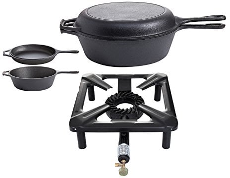 PaellaWorld 3030+9763 Hockerkocher mit 8,5 kW Leistung, Abmessung 40 x 40 x 17 cm und Gusseisen-Topf-Pfanne-Set Durchmesser 26 cm