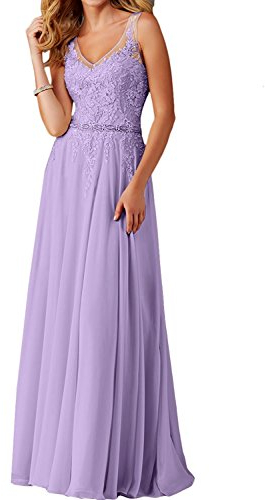La_Marie Braut Flieder Langes Spitze V-Ausschnitt Abendkleider Brautjungfernkleider Ballkleider festlichkleider-36 Flieder