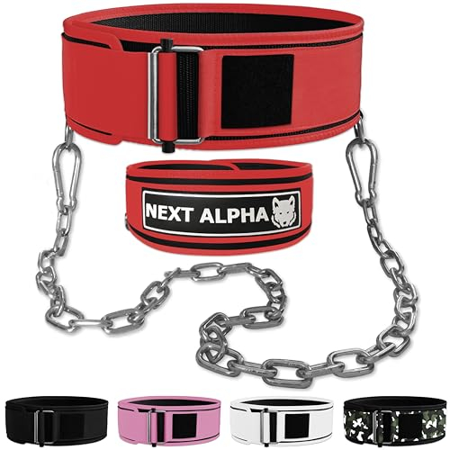 Next Alpha Gewichthebergürtel & Dip Gürtel-Kombination - Custom Weight Lifting Belt für Herren und Damen - Selbstverschluss- & Schnellverschlussschnalle - Mit Kette - Rot - Medium