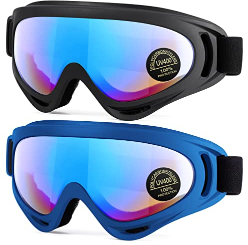 EasYoung Lot de 2 lunettes de ski compatibles avec les lunettes de snowboard pour enfants, adolescents, jeunes, garçons, filles, lunettes de moto, lunettes de protection contre le vent multicolore