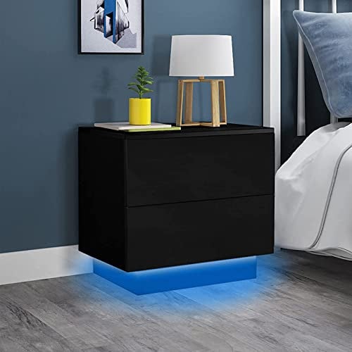 Dripex Nachttisch mit LED-Beleuchtung, Beistelltisch mit 2 Schubladen, Sofatisch, Nachtschrank für Schlafzimmer, Wohnzimmer, 55 x 37 x 50 cm, Schwarz Hochglanz
