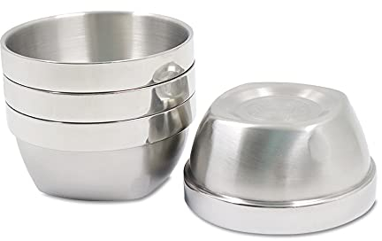 Fatiya Lot de 4 bols à double paroi en acier inoxydable de 414 ml pour enfants et tout-petits, bols de service, bols à salade, bols à céréales, bol à fond carré, incassables pour riz, soupe,