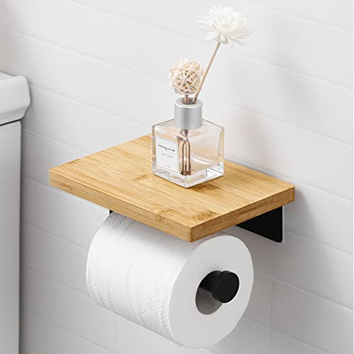 KES Toilettenpapierhalter ohne Bohren mit Bambus-Ablage Klopapierhalter Schwarz Klorollenhalter WC Papier Halterung Rollenhalter Badezimmer Edelstahl SUS304 Wandmontage, BPH220BADM-BK