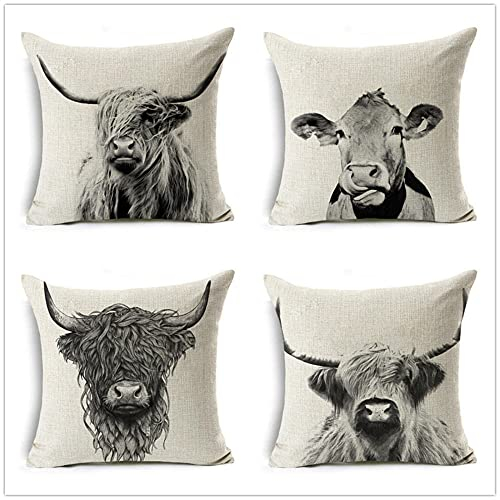 Miyiboo 4er Set Kissenbezug 60x60cmSchwarze Baise Kuh Dekokissen Kissenbezüge Sofakissen Dekorativ Couchkissen Baumwollleinen Kissenhülle Bezug Weich für Wohnzimmer Schlafzimmer