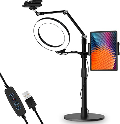 viozon 3-in-1 8 Zoll Ringlicht mit Stativ, Handyhalterung zum Aufnehmen, kompatibel mit 3,5-13-Zoll-Tablet&Handy, Overhead-Aufnahme, verstellbar, iPad Ständer, Live Übertragung, YouTube/Tiktok/Zoom