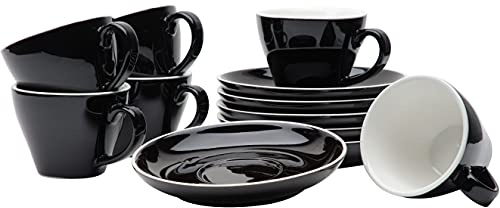 Gastro Spirit - 12-teiliges Doppel/Doppio Espresso-Tassen Set - Schwarz, 180 ml, Porzellan, dickwandig, spülmaschinenfest, italienisches Design - 6er Kaffee-Tassen Set mit Untertassen