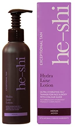 He-Shi Hydra Luxe Lotion autobronzante - Crème bronzante pour le visage et le corps - Bronzage doré impeccable et sans odeur autobronzante - Convient à tous les types de peau, homme et femme (175 ml)