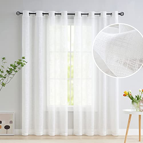 Treatmentex Leinen Gardinen mit Ösen 140cm Breite Slub-Textur Halbtransparent Ösenvorhang Gardinen Weiss Leinenoptik Lichtdurchlässig Vorhänge für Schlafzimmer Bauernhaus Wohnzimmer-2 Stücke,140x225CM