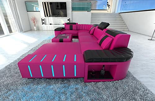 Sofa Bellagio U Form Wohnlandschaft Leder Couch mit LED Ledersofa mit Ottomane (Ottomane rechts, Pink-Schwarz)