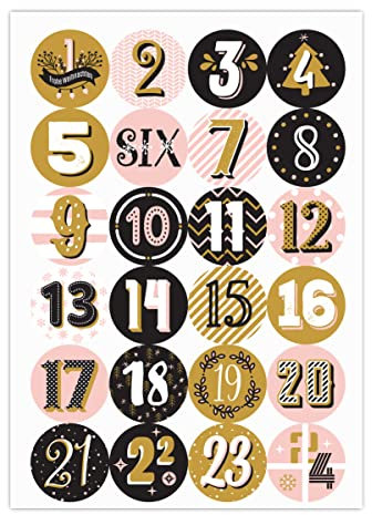 5 x 24 Handlettering Advents Aufkleber mit den Zahlen 1-24 für stilvolle Kalender, rosa, MATTE Papieraufkleber für Adventskalender, Weihnachts Geschenke, Etiketten zum dekorieren & basteln (ø 45mm)