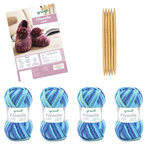 Gründl Wolle Filzwolle color - Dicke Wolle zum Filzen in der Waschmaschine für 1 Paar Hausschuhe mit Anleitung und Nadel - Weich und hautfreundlich - 100 % Schurwolle - 4 Knäuel 50 g/50 m - aqua