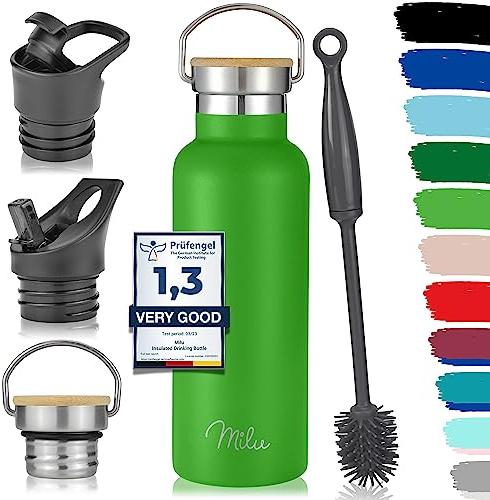 Milu Bouteille en acier inoxydable 350ml, 500ml, 750ml, 1l (+3 couvercles) - Bouteille thermo avec paille, bouteille d'eau, pour boissons chaudes, froides et gazeuses (Vert pomme, 500ml)