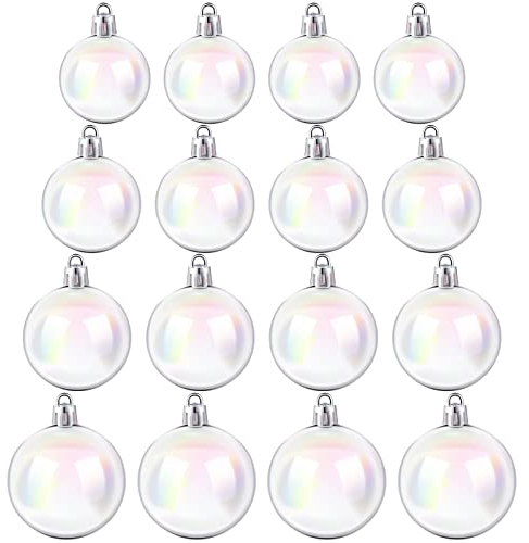 Kathfly 16 Stück schillernde Weihnachtskugeln, weiße Ornamente, Bälle aus transparentem Kunststoff, transparent, Weihnachtsbaumkugeln für Heimwerker, Weihnachten, Party, Geburtstag, Hochzeit,
